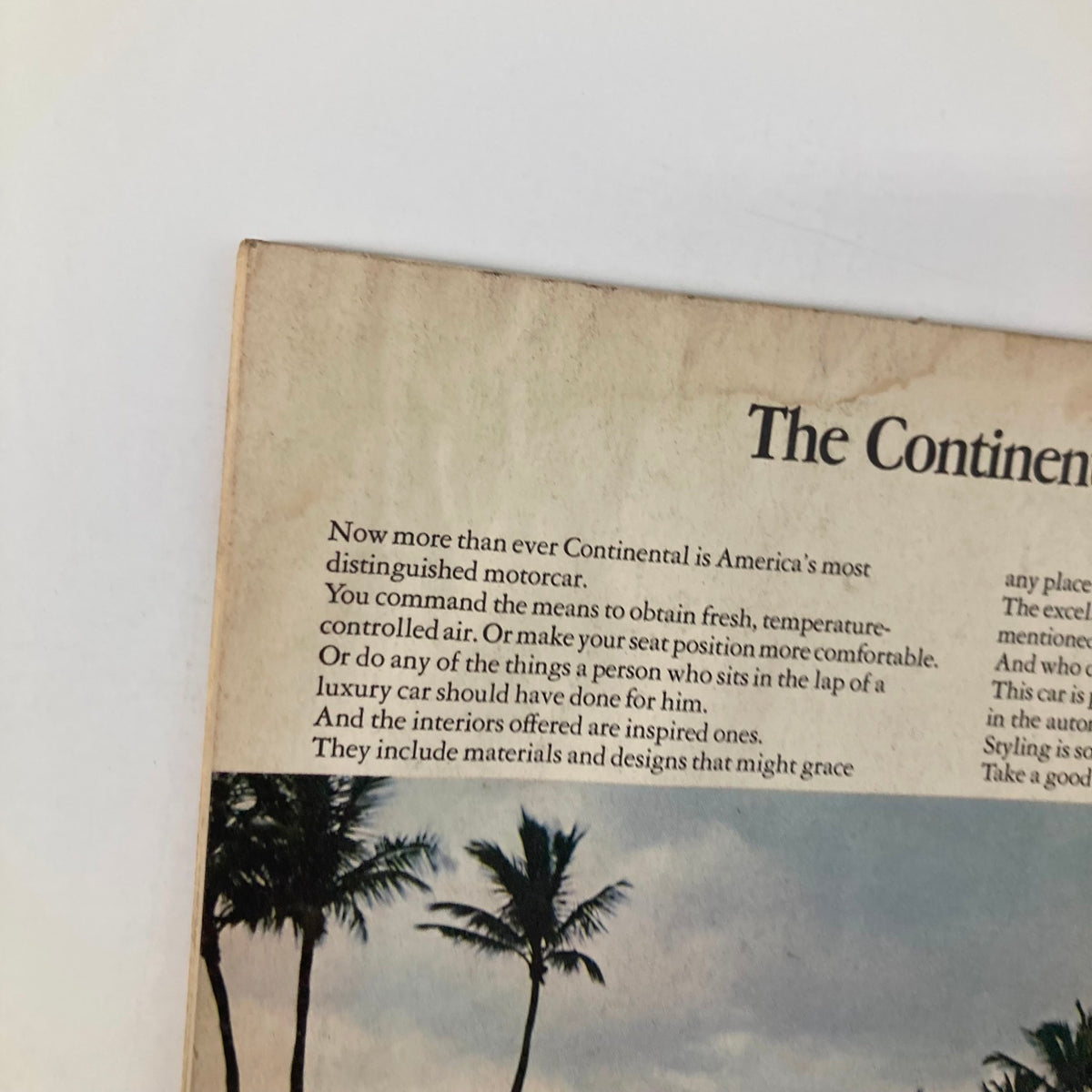 Close-up of text from Gourmet Magazine June 1969, highlighting the Continental motorcar's luxurious features and temperature control.