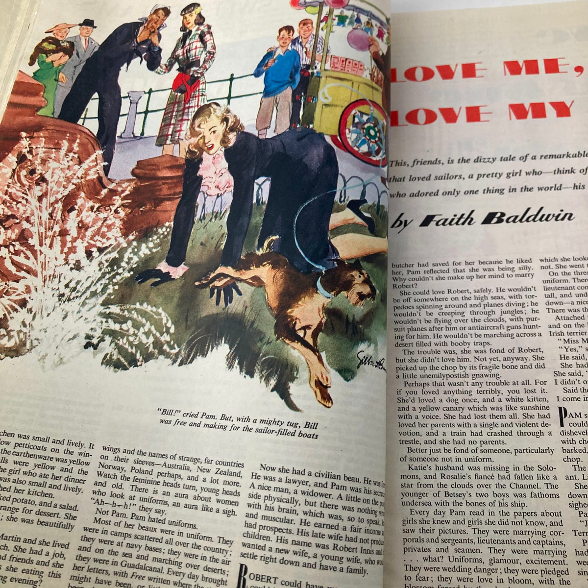 An article page within VTG The American Magazine September 1943, featuring the story 'Love Me, Love My Dog' by Faith Baldwin alongside vibrant illustrations.