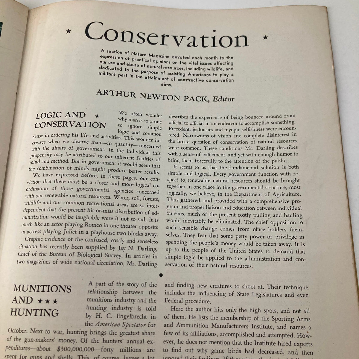 Interior page of VTG Nature Magazine December 1935 featuring a conservation article by Arthur Newton Pack, discussing natural resources and conservation strategies.