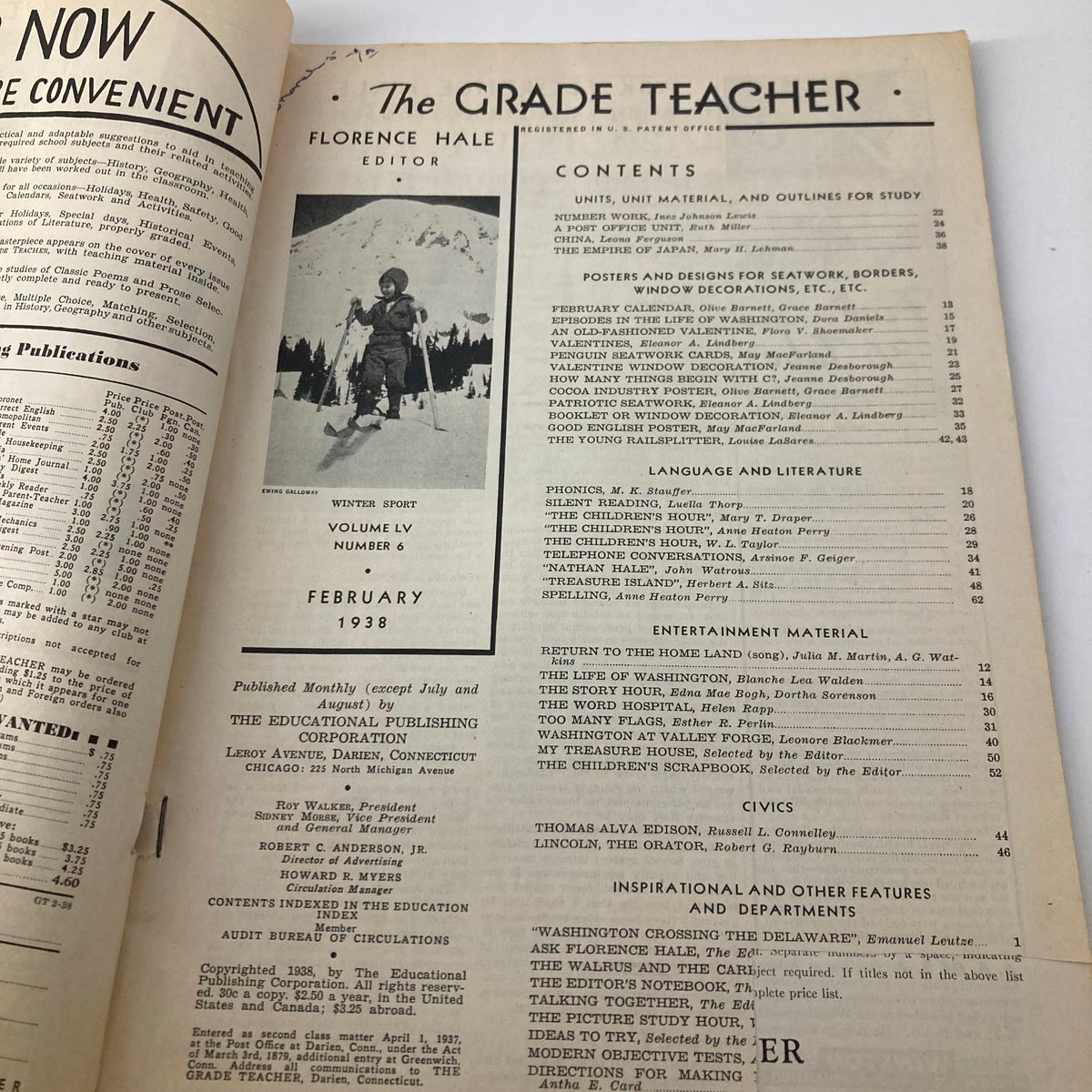 Interior page of The Grade Teacher Magazine February 1938, displaying the table of contents and various articles related to teaching methods and educational material.