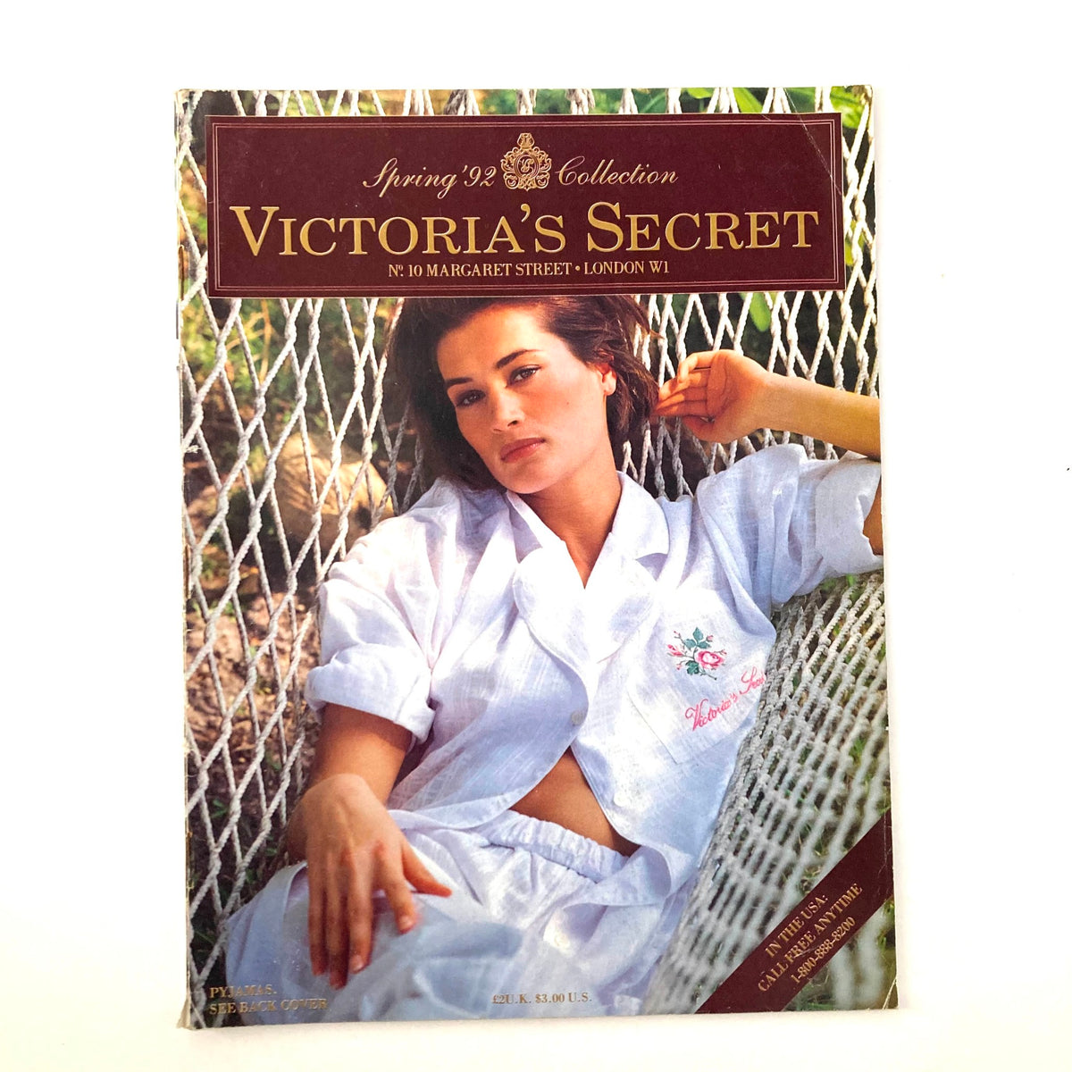 Spring 1992 Collection Victoria's Secret No. 10 Catalog cover featuring a model in white pajamas relaxing in a hammock, showcasing the brand's iconic merchandise.