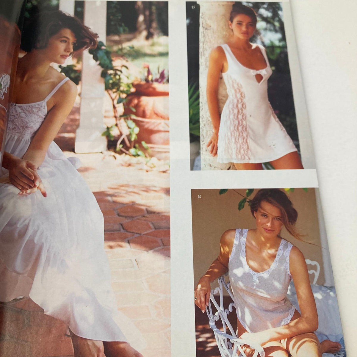 Spring 1992 Collection Victoria's Secret No. 10 Catalog showcasing elegant white nightwear on models, with a warm sunlit setting highlighting the delicate fabrics.