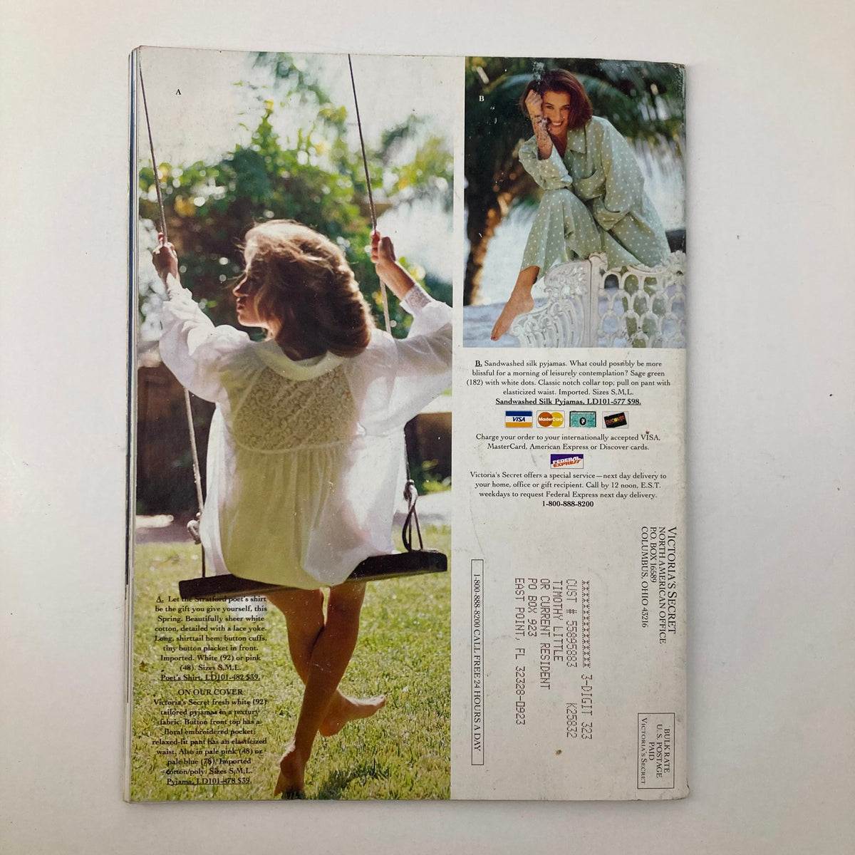 Spring 1992 Collection Victoria's Secret No. 10 Catalog showcasing the back cover with a model swinging in a white dress, complements of tropical scenery, alongside promotional text.