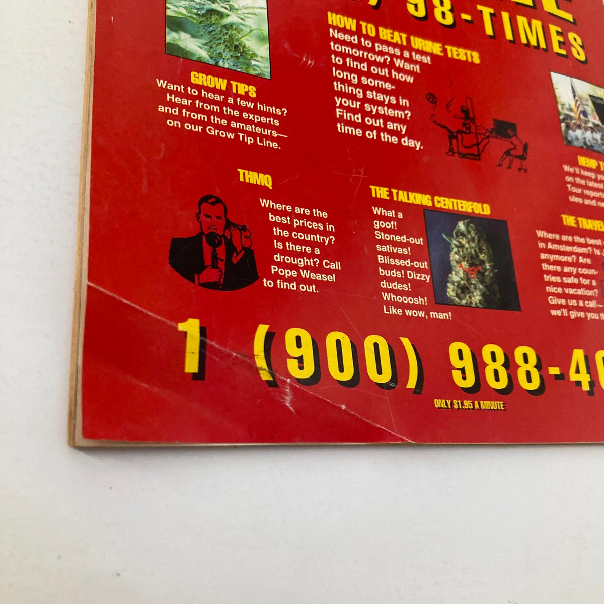 High Times Magazine December 1992 No. 208 Keith Richards - Close-up of the High Times Hotline advertisement, showcasing advice from experts and interaction points for cannabis enthusiasts.