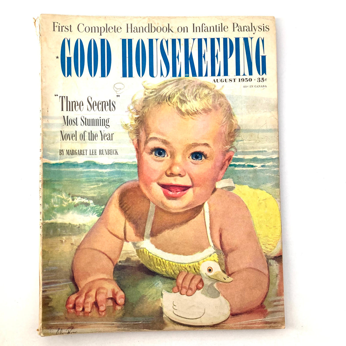Cover of VTG Good Housekeeping Magazine August 1950 featuring a smiling baby with blonde hair and a duck toy, promoting the 'Three Secrets' novel.