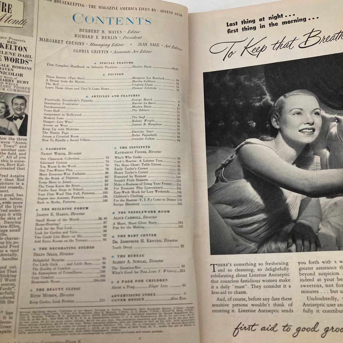 Contents page of VTG Good Housekeeping Magazine August 1950, highlighting articles and features including 'Three Secrets' novel by Margaret Lee Runbeck.