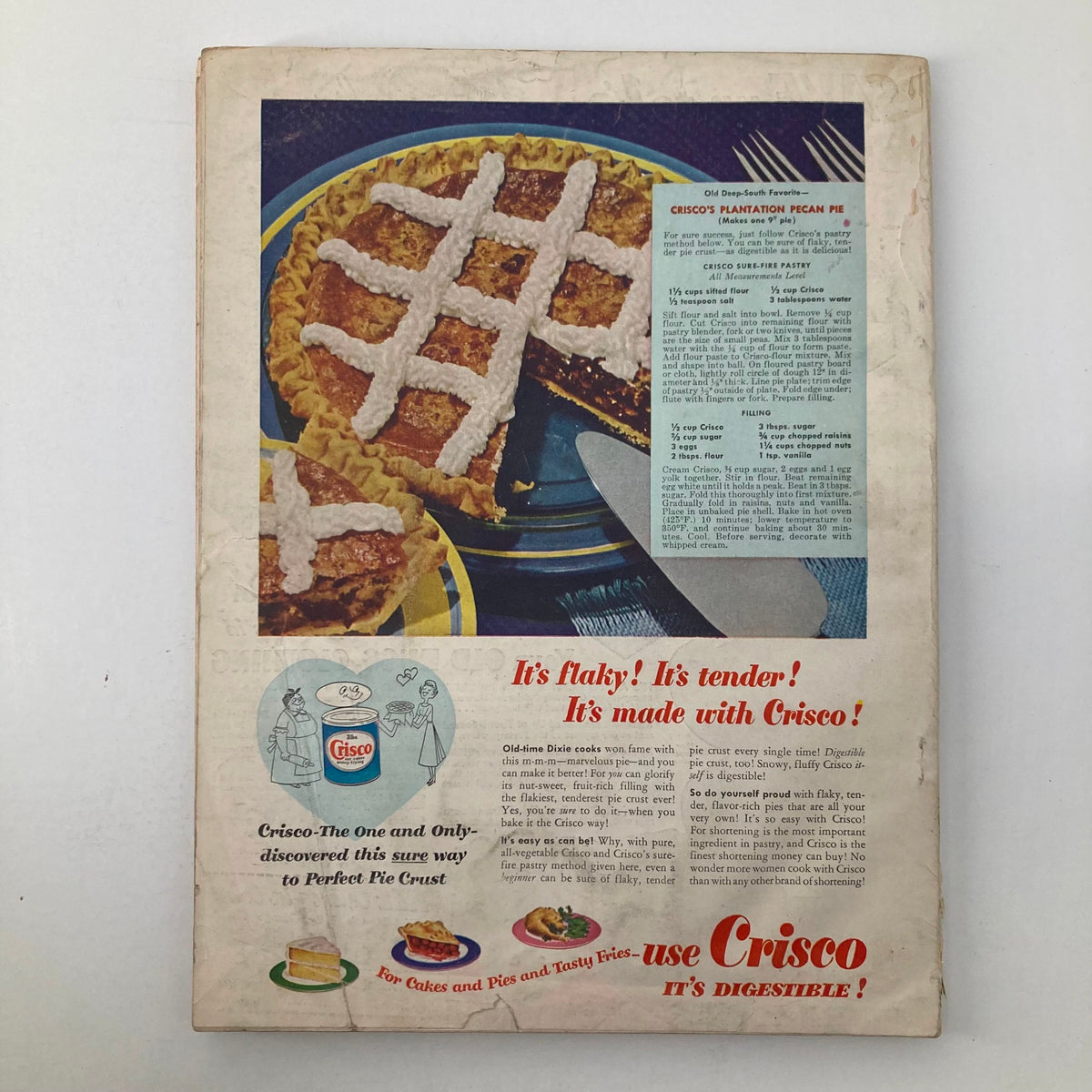Back cover of VTG Good Housekeeping Magazine February 1951, showcasing a delicious pecan pie recipe with Crisco advertisement.