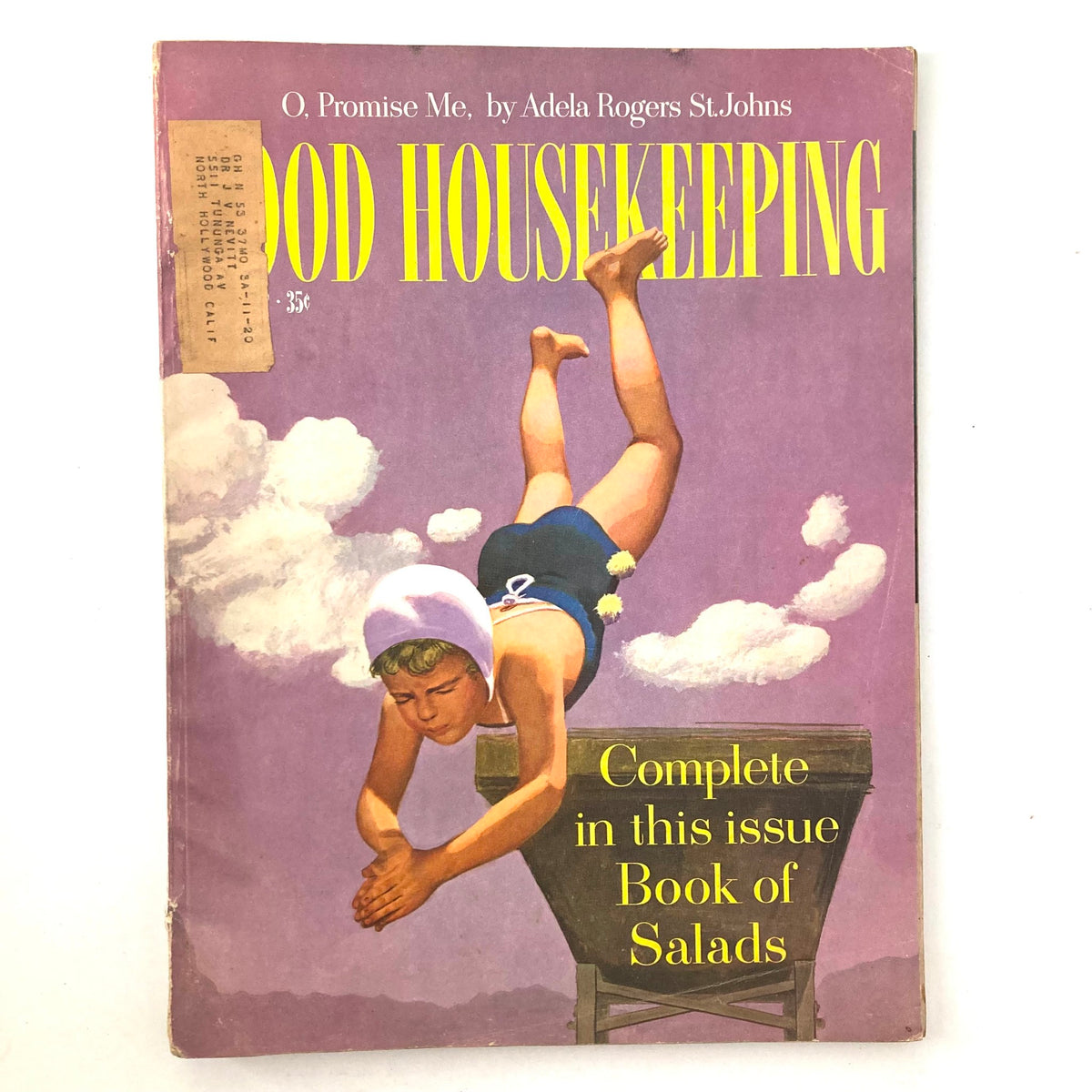 VTG Good Housekeeping Magazine July 1952 cover featuring a child diving into a salad bowl, titled 'Complete Issue Book of Salads'.