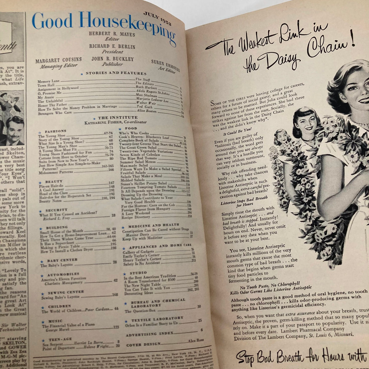 Interior page of the July 1952 issue of Good Housekeeping Magazine showcasing table of contents and various article highlights, including 'Food' and 'Fashion' sections.