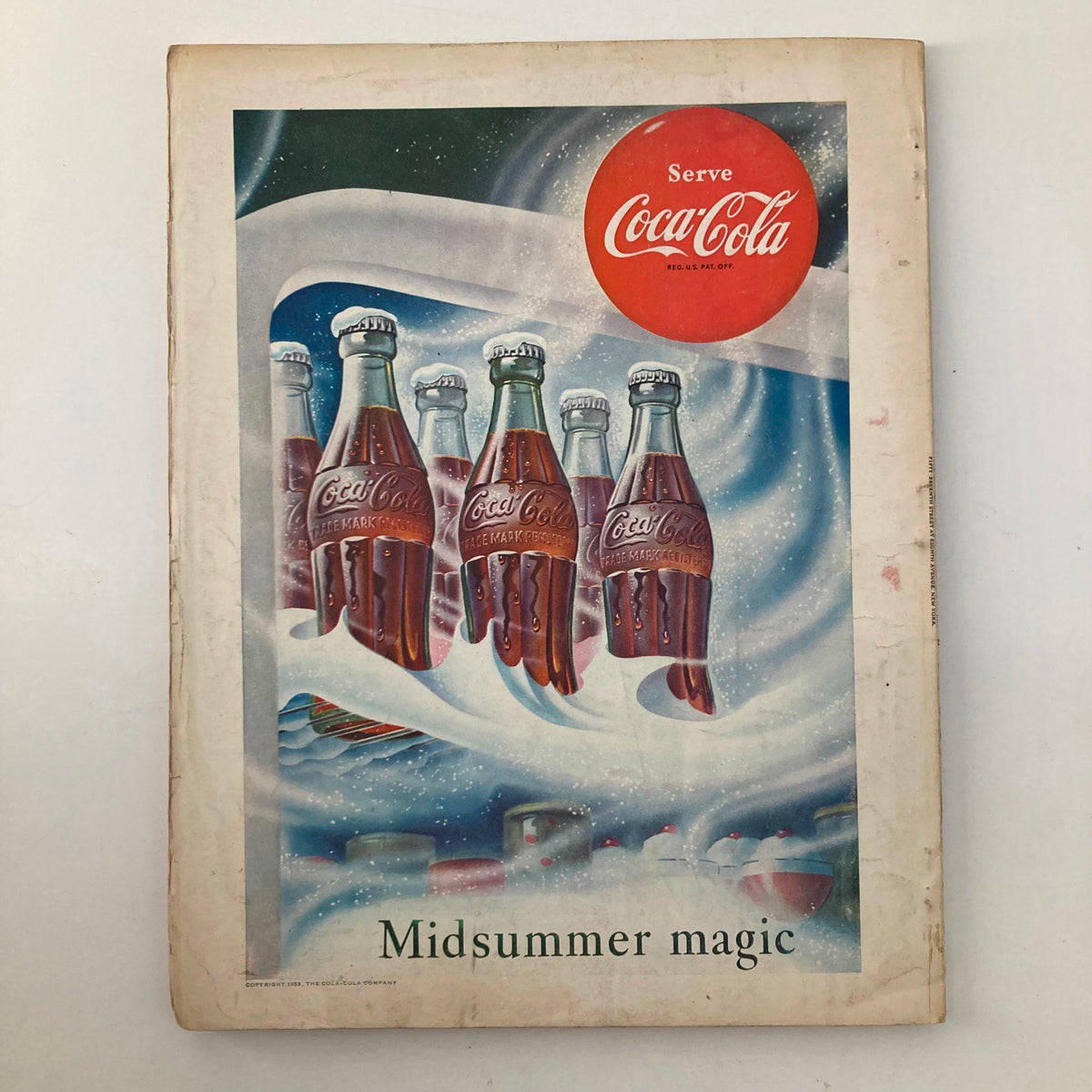 Back cover of VTG Good Housekeeping Magazine August 1953 with a vintage Coca-Cola advertisement promoting Midsummer magic.