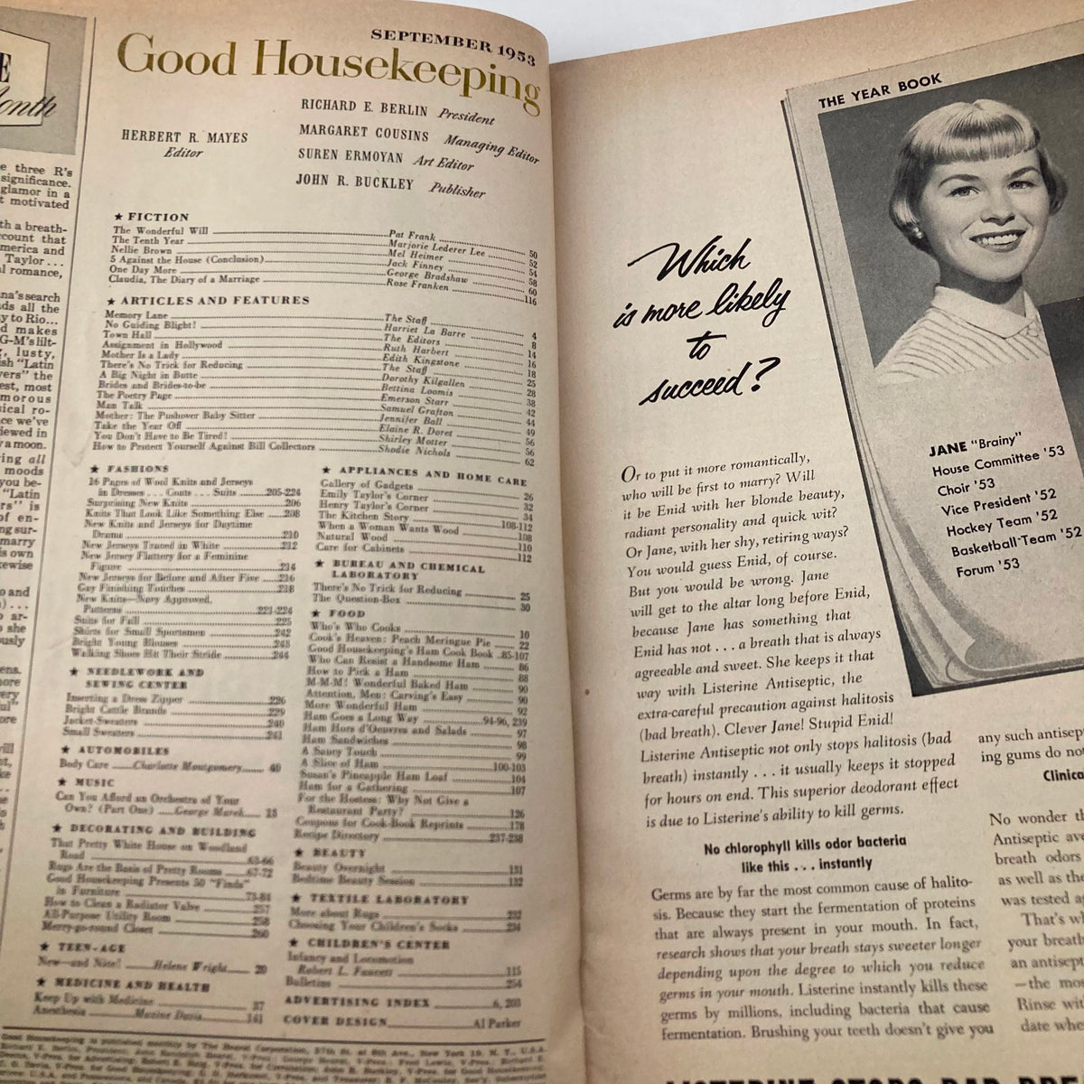 Interior page of VTG Good Housekeeping Magazine September 1953, showcasing table of contents and articles, highlighting features within the Complete Ham Cook Book issue.