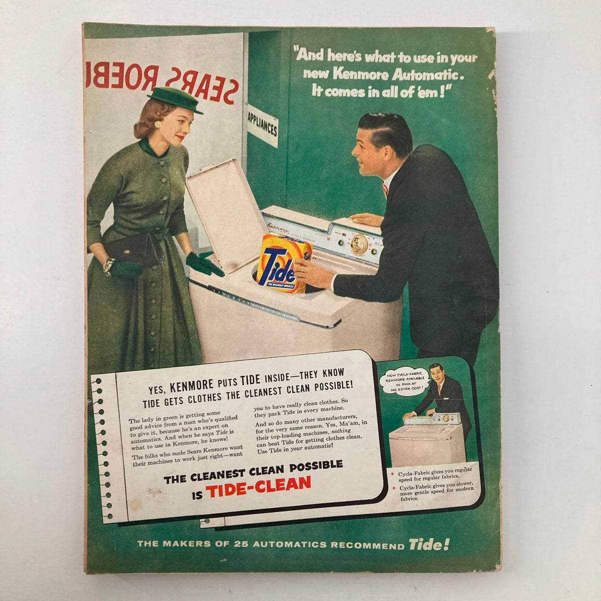 Cover of VTG Good Housekeeping Magazine October 1956 featuring an advertisement for Tide detergent, showcasing a woman in a green dress and a man preparing to use a Kenmore washing machine.