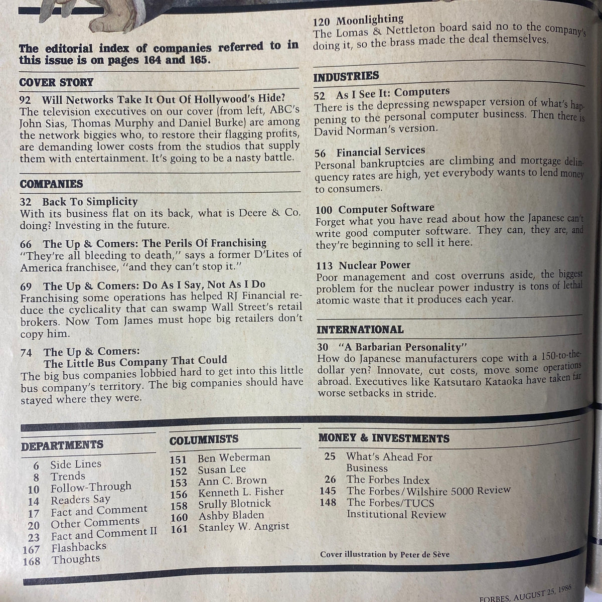 Editorial index page from Forbes Magazine August 25, 1986, featuring articles on economics, industries, and key figures of the time.