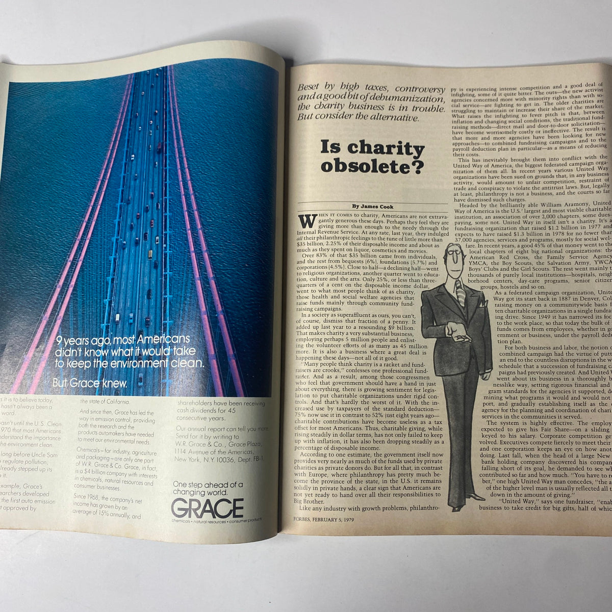 Another interior page from Forbes Magazine February 5, 1979, presenting an article discussing the state of charity and philanthropy in America.