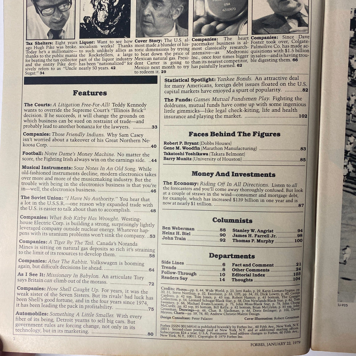 Table of contents page from Forbes Magazine, January 22, 1979, showcasing various featured articles and sections, including the cover story on 'Mexican Oil'.