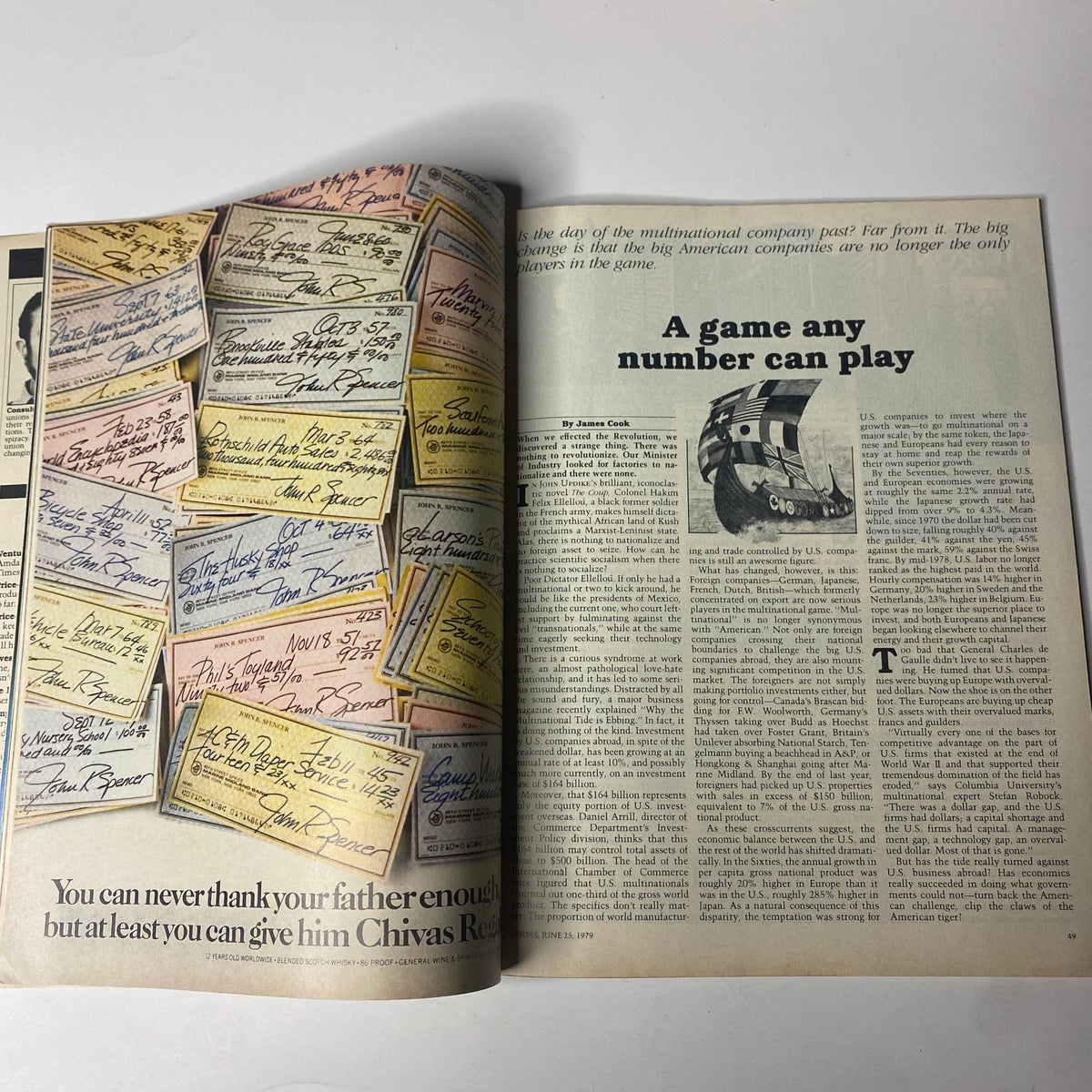Spread from Forbes Magazine June 25, 1979, showing an article about multinational companies and financial transactions from that era.