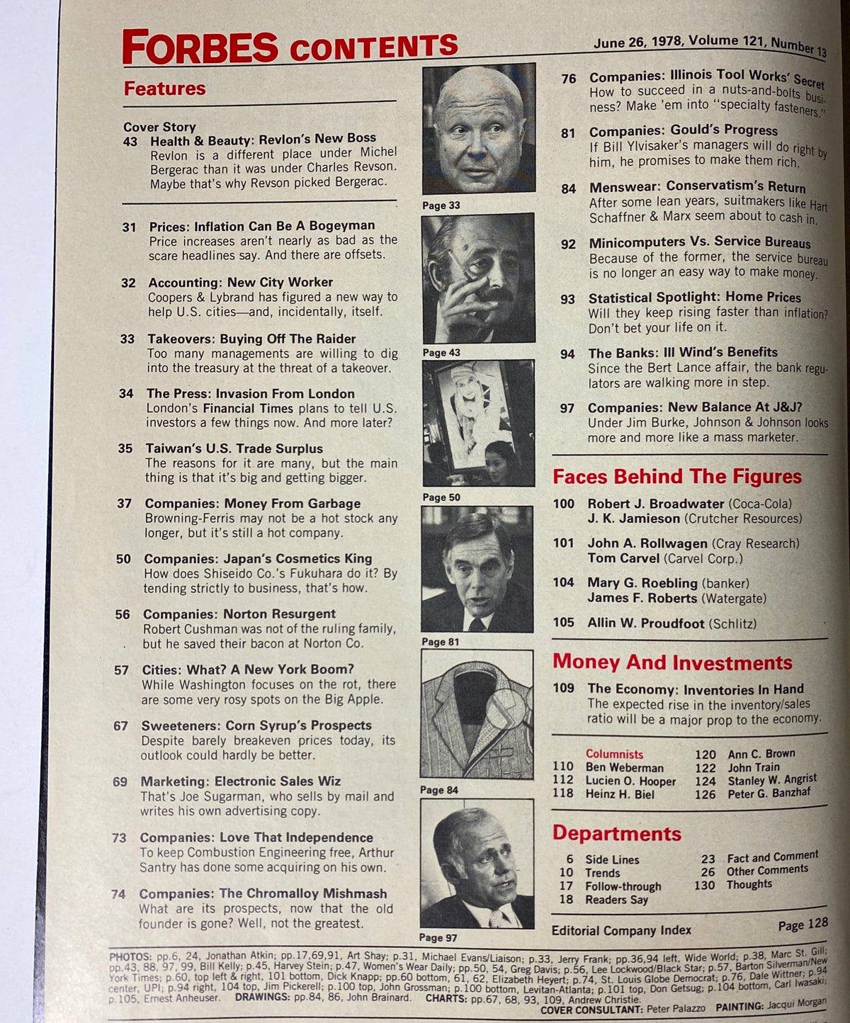 Contents page of Forbes Magazine June 26, 1978 showing features including the cover story 'Revlon's New Boss'.