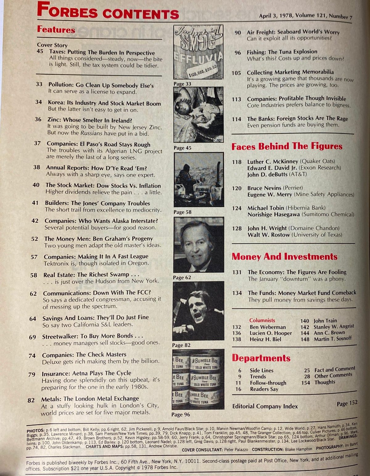 Contents page of Forbes Magazine, April 3, 1978, listing major articles including 'Taxes: Putting The Burden in Perspective' and investment topics.
