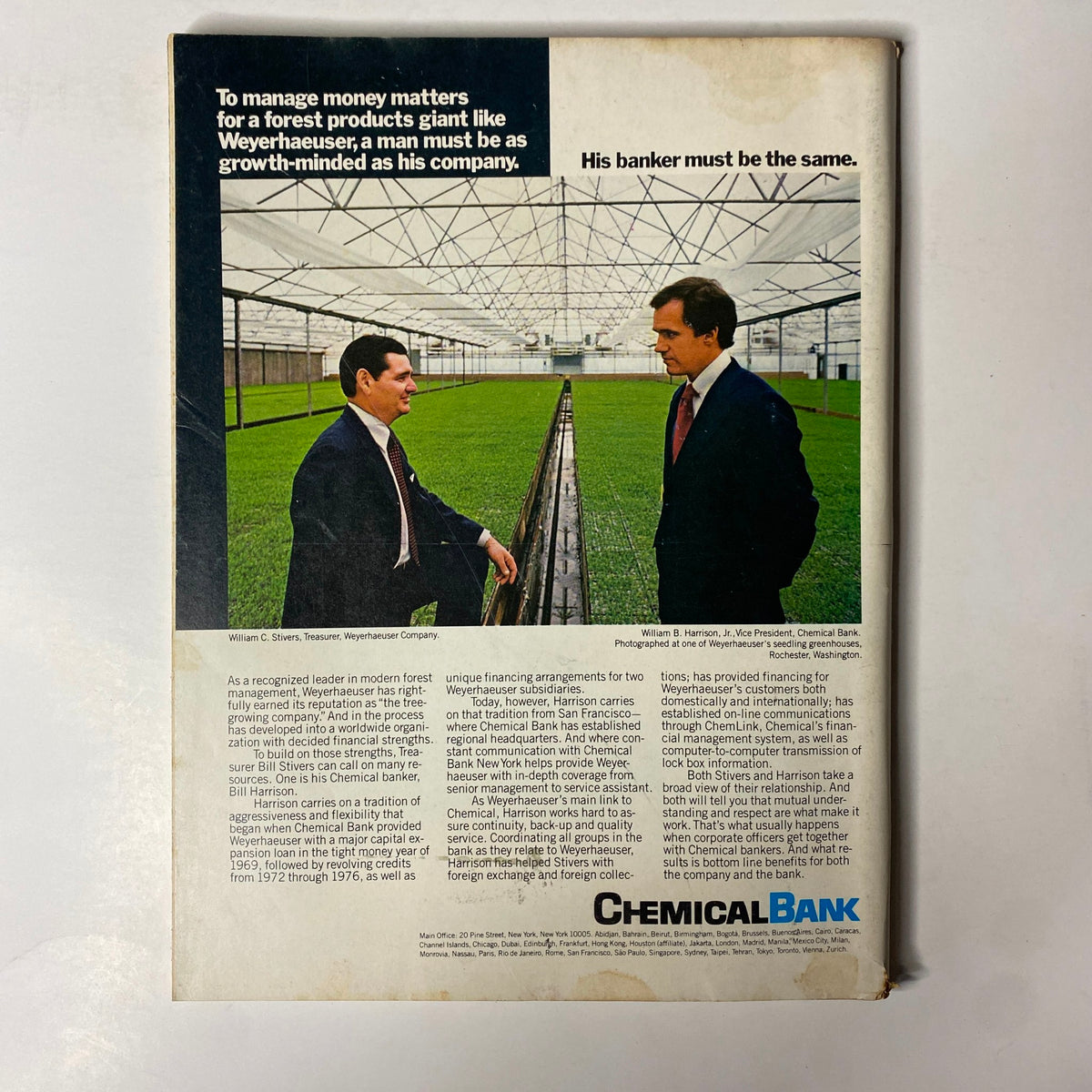 Back cover of Forbes Magazine October 30, 1978 featuring an advertisement for Chemical Bank and showcasing William C. Shivers and William B. Harrison discussing business.