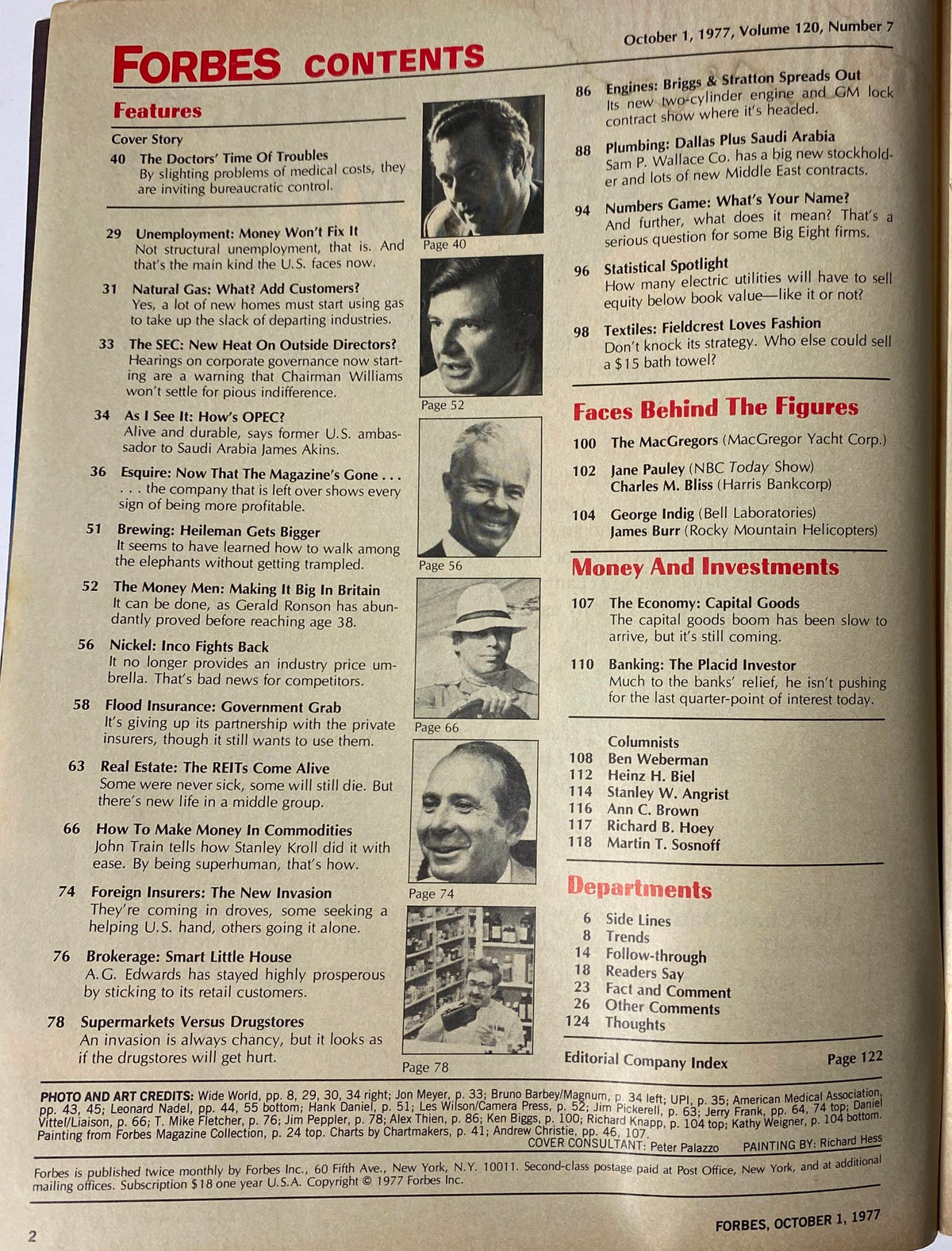 Contents page of Forbes Magazine October 1, 1977, featuring articles including 'The Doctors' Time of Troubles' and economic discussions of the time.