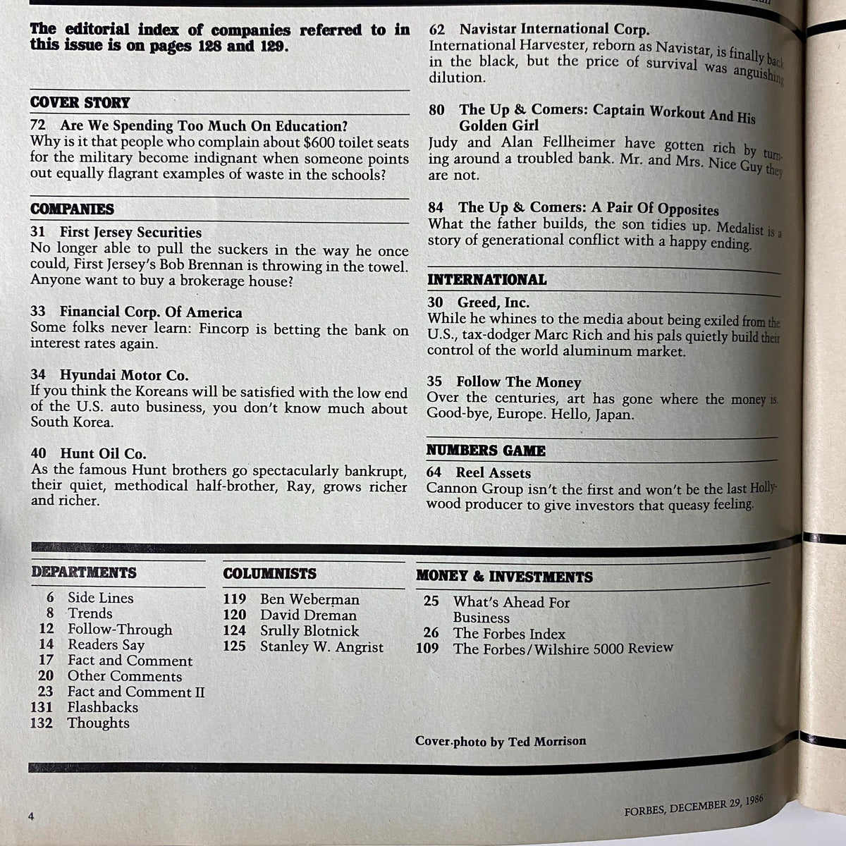 Interior page index of Forbes Magazine December 29, 1986 detailing articles including the cover story 'Are We Spending Too Much on Education?'.