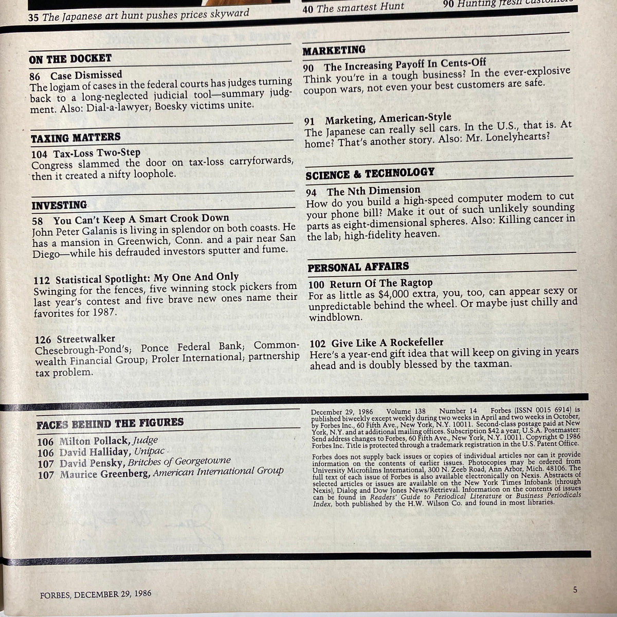 Content page from Forbes Magazine December 29, 1986 discussing various economic topics and the education financing debate.