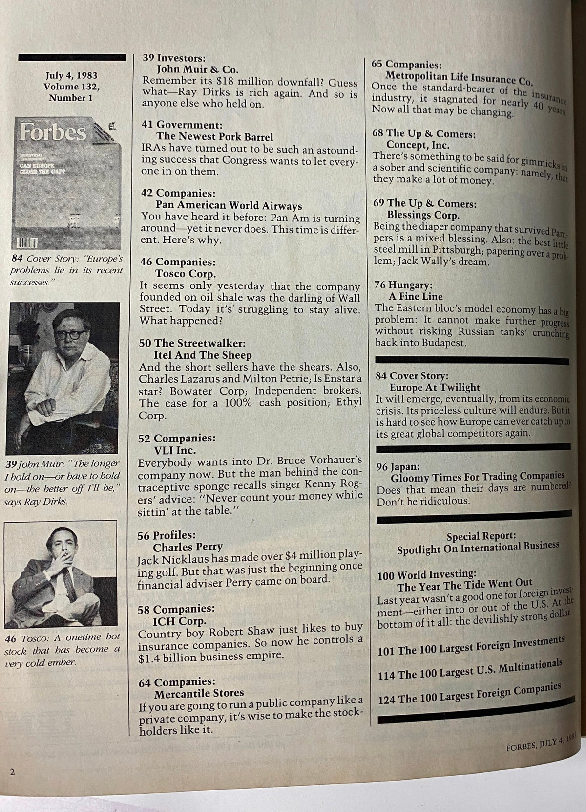 Interior page of Forbes Magazine July 4, 1983 showcasing various article summaries including John Muir & Co, Pan American World Airways, and more.