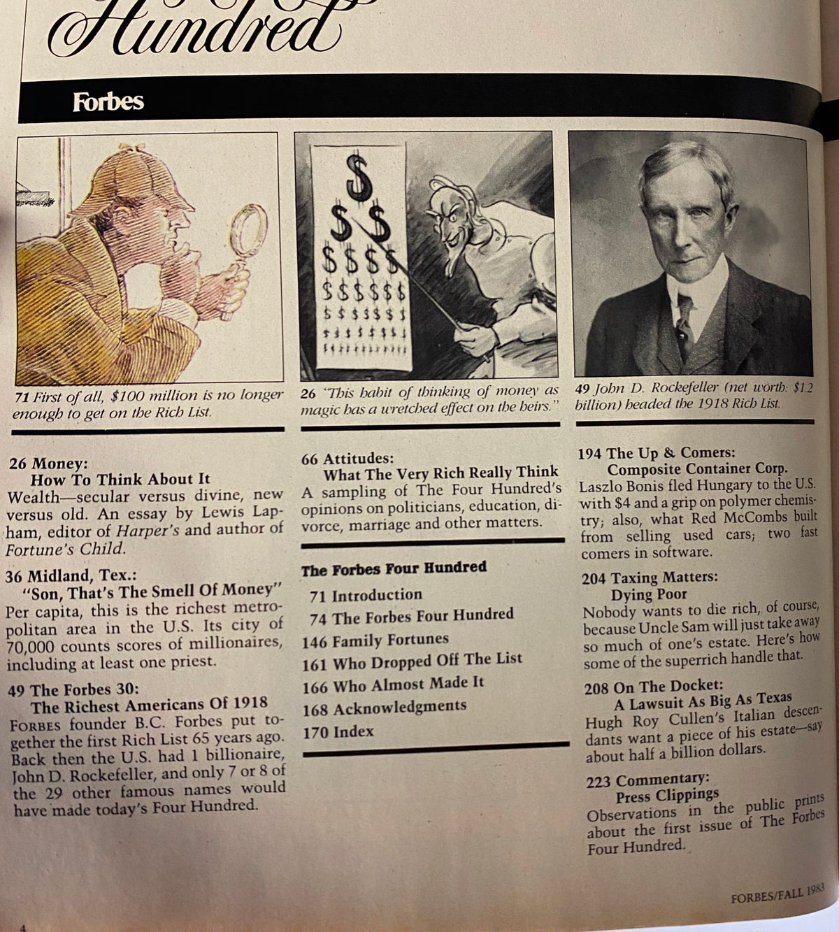 Inside pages of Forbes Magazine Fall 1983 highlighting articles and illustrations related to The Forbes Four Hundred Richest People in America.