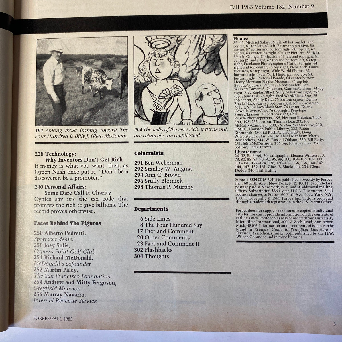 Editorial layout from Forbes Magazine Fall 1983 discussing profiles and comments about wealth and the richest people in America.