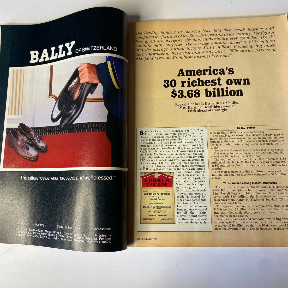 Advertisement and article from Forbes Magazine Fall 1983 presenting insights on America's 30 richest individuals and their fortunes.