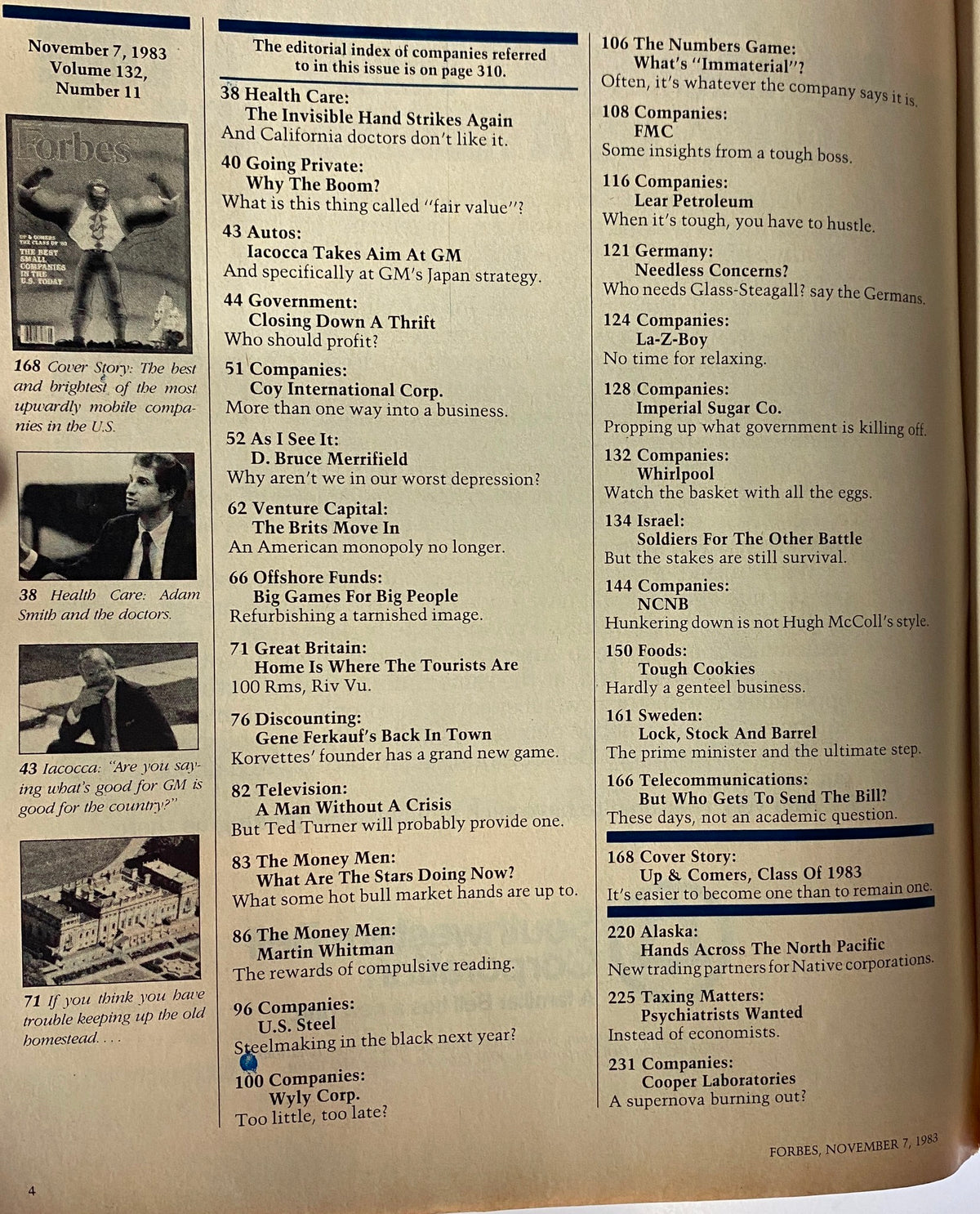Forbes Magazine November 7, 1983 editorial index featuring key articles including 'The Best Small Companies in the U.S. Today' and insights on economic trends.