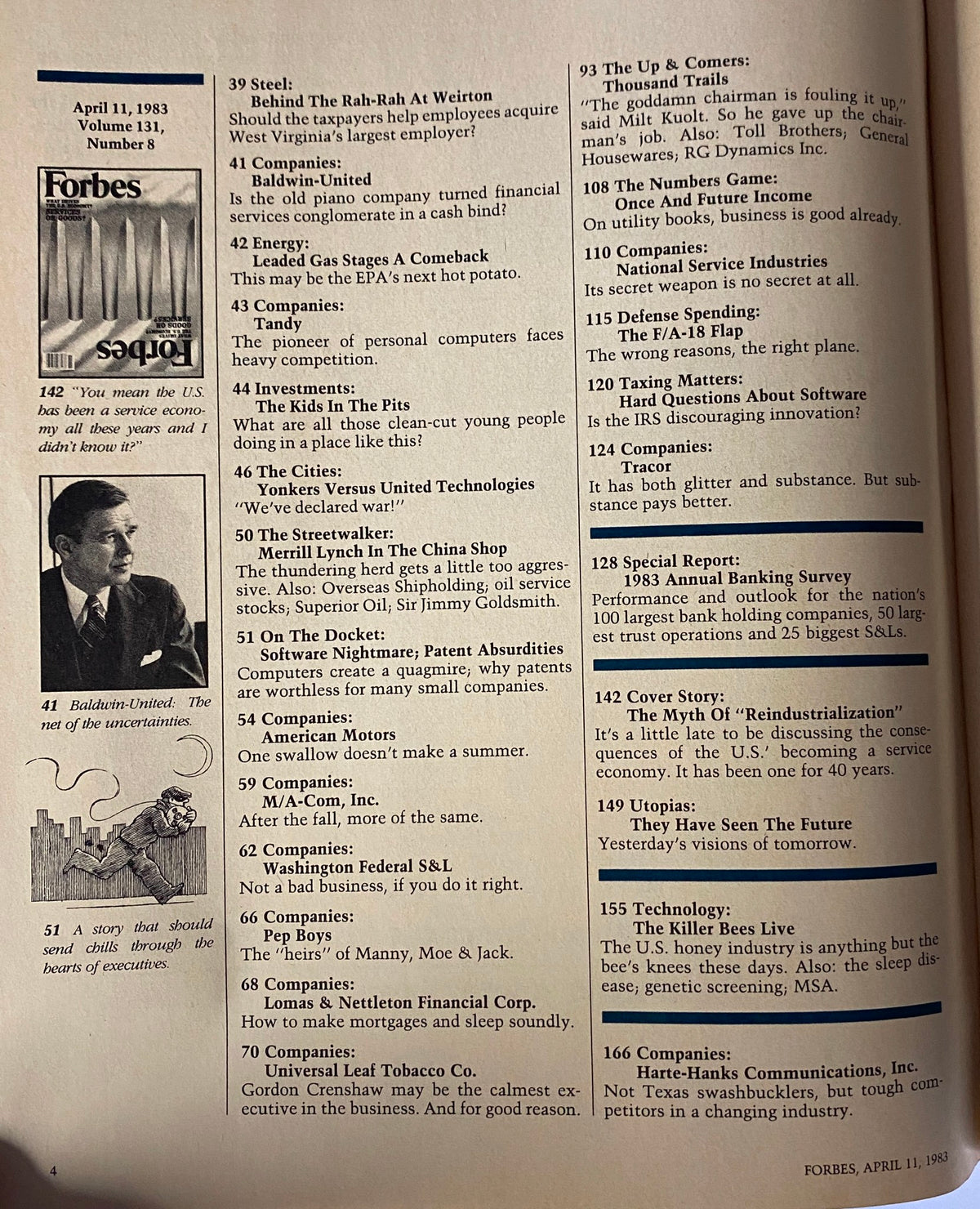 Forbes Magazine April 11, 1983 - Table of contents featuring articles on topics like reindustrialization, energy policy, and corporate analysis.