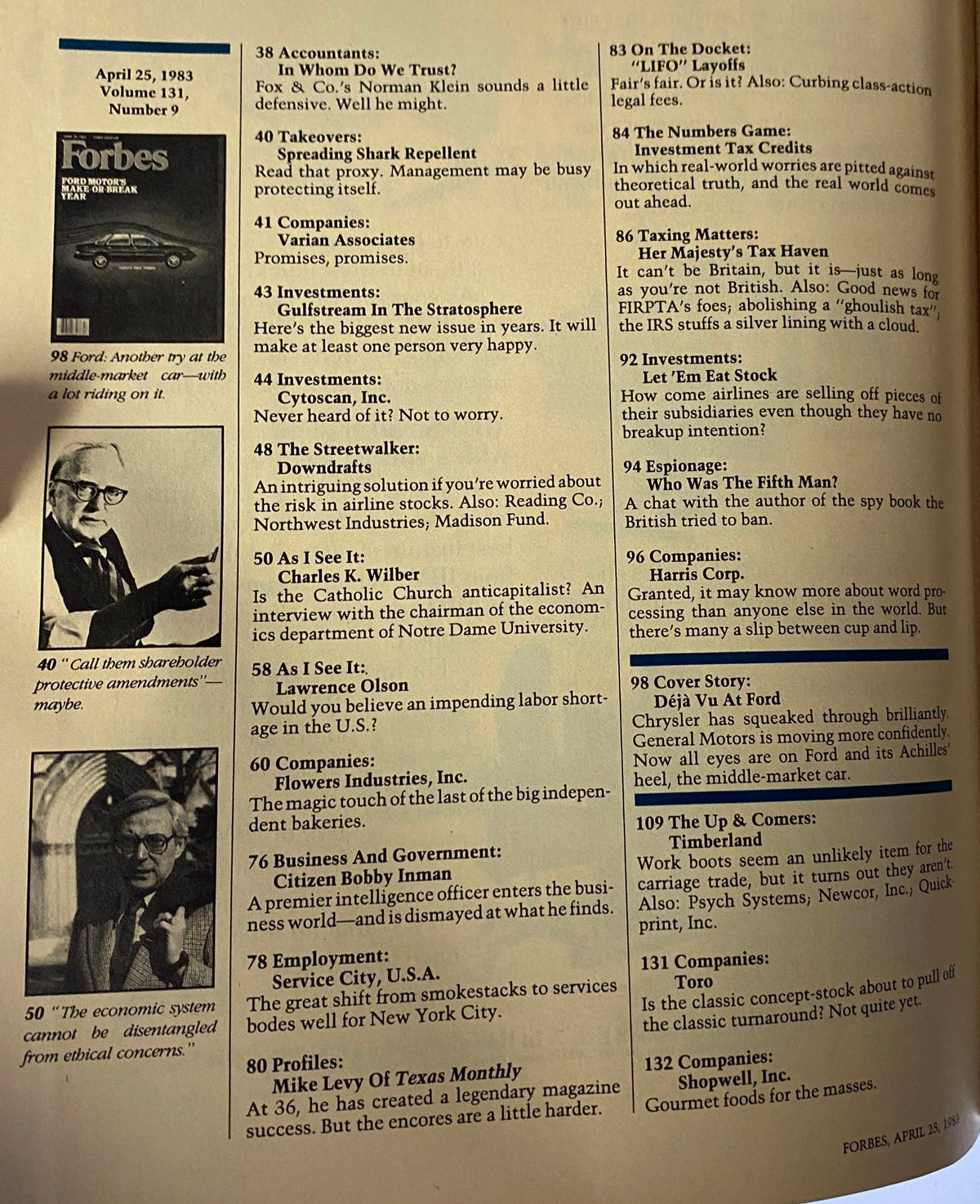 Forbes Magazine April 25, 1983 Ford Motor's Make-or-Break Year, featuring an overview of contents including corporate strategies and market analysis.