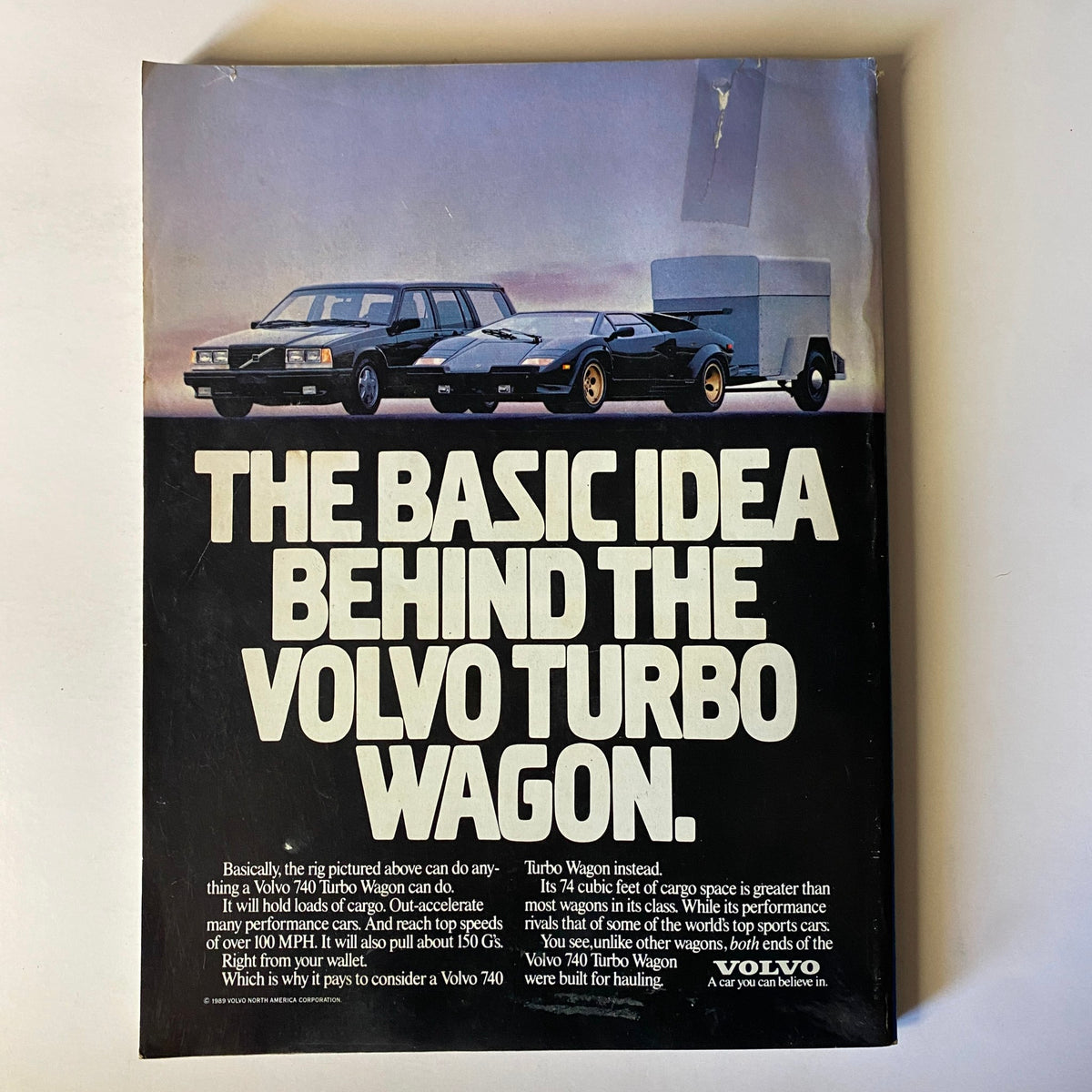 Back cover of Forbes Magazine May 29, 1989 featuring an advertisement for the Volvo Turbo Wagon showcasing different car models.