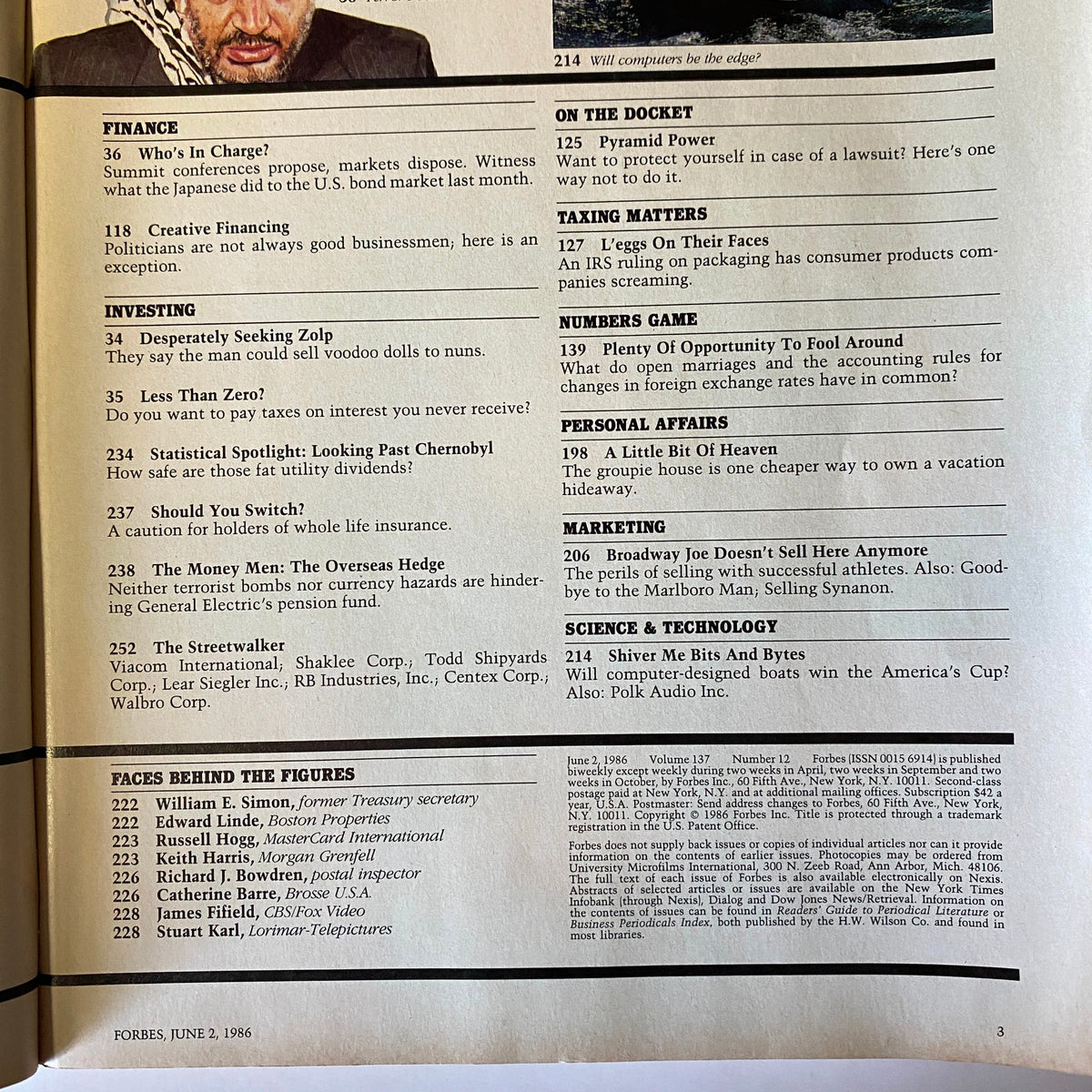 Forbes Magazine June 2, 1986 page showcasing additional articles and features, including finance and investing topics.