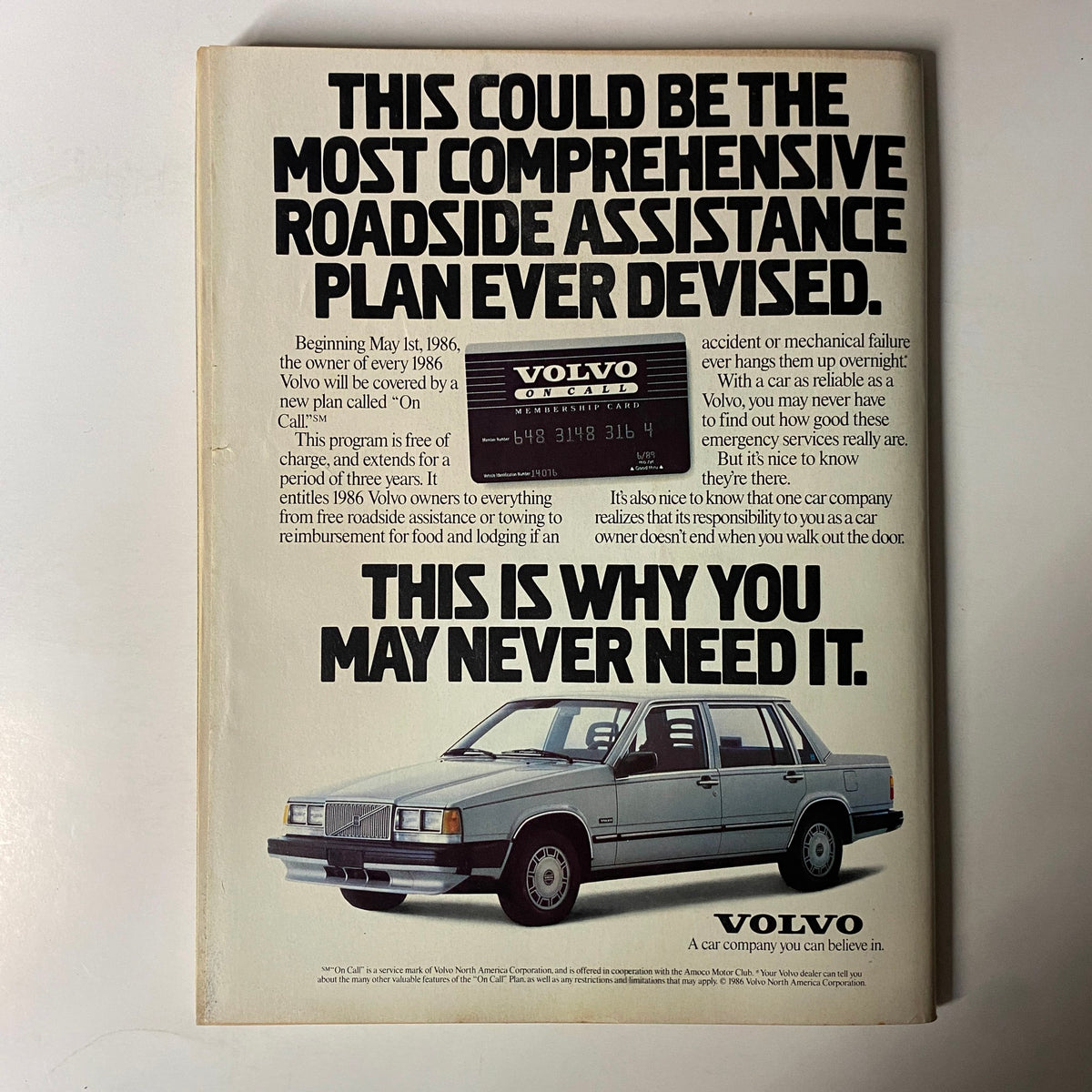 Back cover of Forbes Magazine June 2, 1986, featuring an advertisement for Volvo's roadside assistance plan.