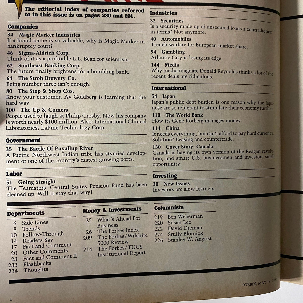 Table of contents page from Forbes Magazine May 19, 1986, listing articles on corporate analysis, government insights, and investment strategies.