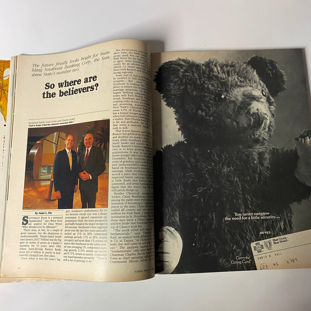 Internal page from Forbes Magazine May 19, 1986 showcasing an article featuring Southeast Banking Corp and an advertisement for a teddy bear.