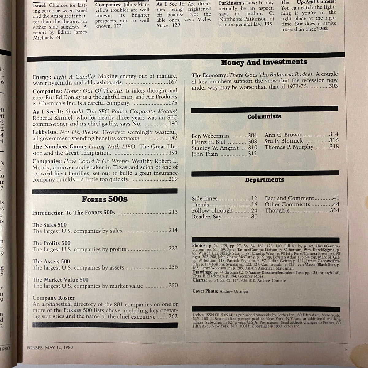 Content overview from Forbes Magazine dated May 12, 1980, including sections on the largest companies by sales, profits, assets, and news articles.