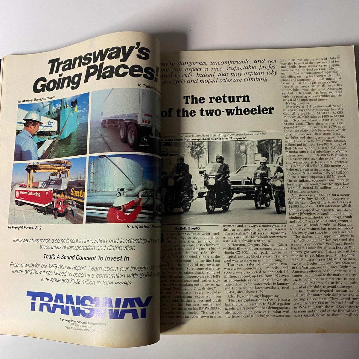 Article spread from Forbes Magazine May 12, 1980, titled 'Transway's Going Places', highlighting innovation in transportation and motorcycle sales resurgence.
