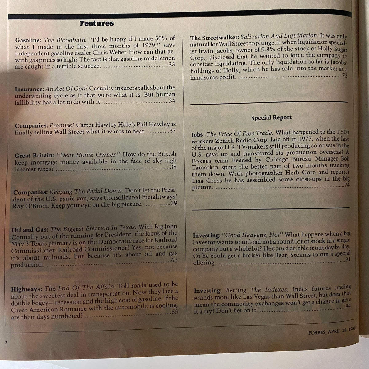 Open page of Forbes Magazine dated April 28, 1980 displaying feature articles and topics relevant to corporate and economic analysis.