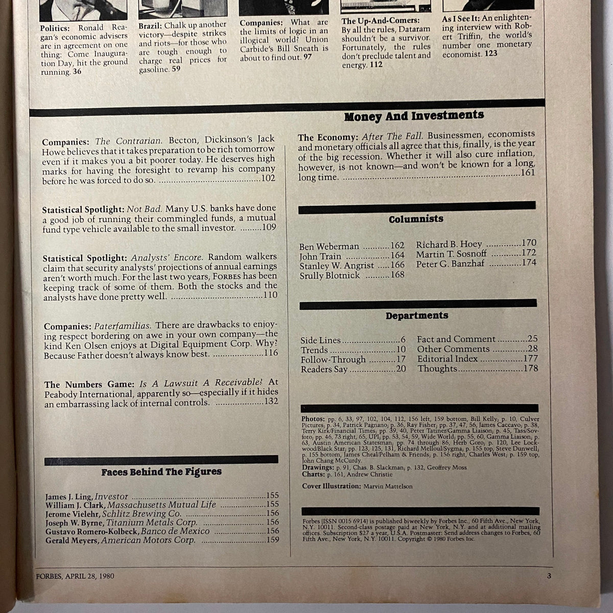 Table of contents from Forbes Magazine April 28, 1980 featuring articles on economics and corporate insights, including sections like Money and Investments and columnists.