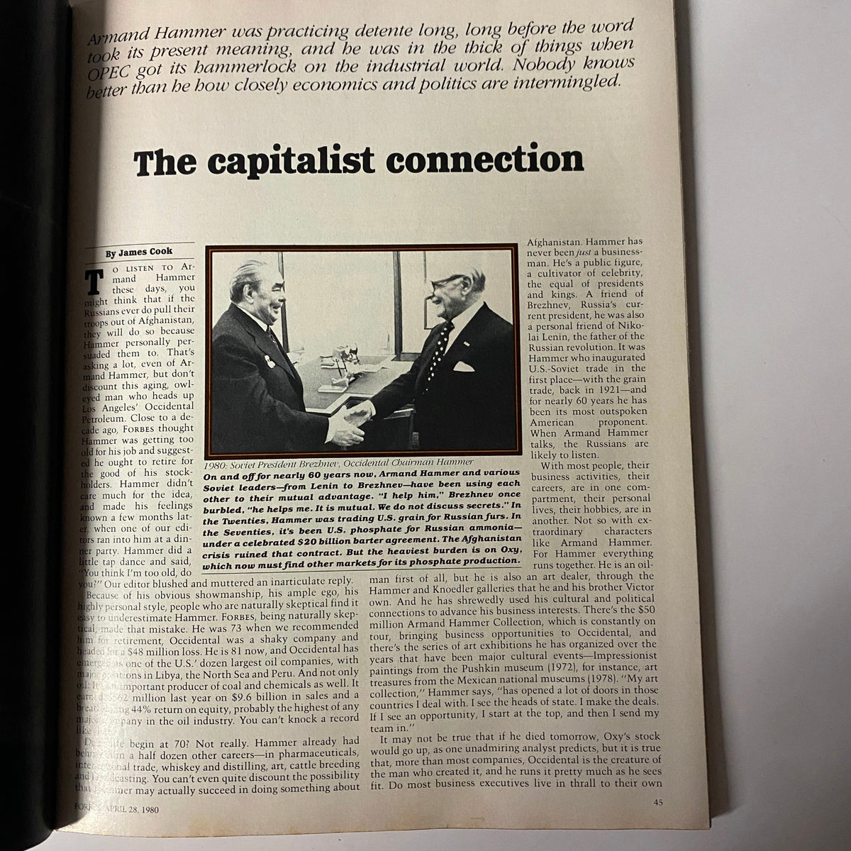 Article page from Forbes Magazine April 28, 1980, showcasing a profile of Armand Hammer, CEO of Occidental Petroleum, discussing his influence in business and politics.