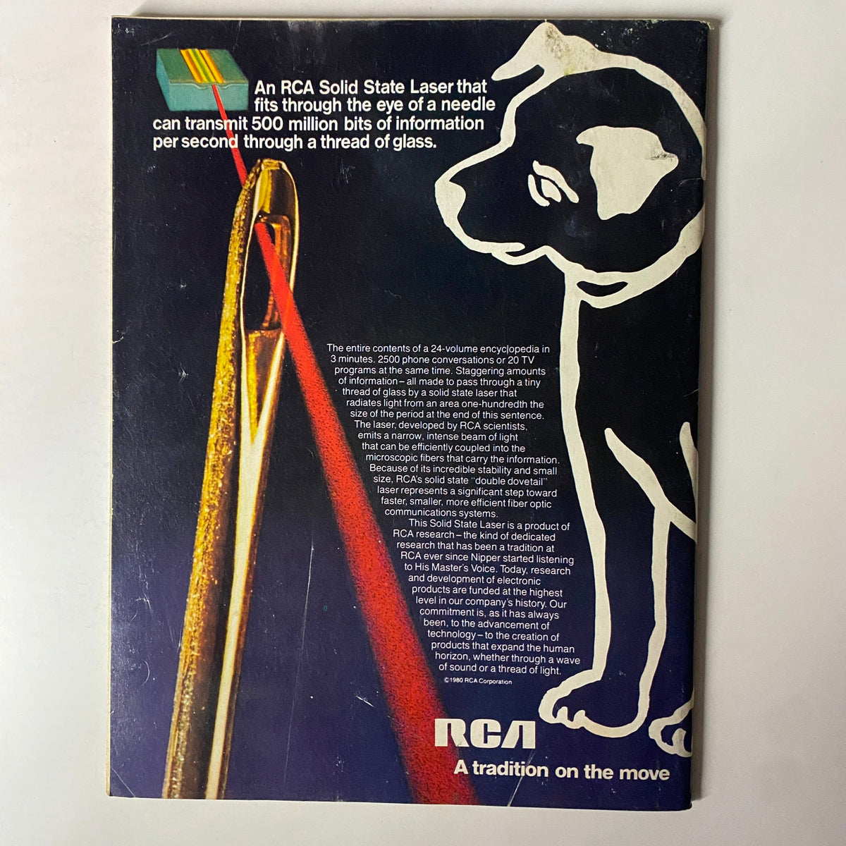 Back cover of Forbes Magazine April 28, 1980, featuring an RCA Solid State Laser advertisement highlighting its capabilities in transmitting vast amounts of information.