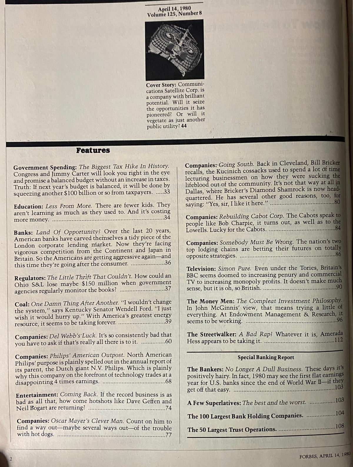 Interior page of Forbes Magazine, April 14, 1980, showcasing features and articles including government spending and economic analysis.