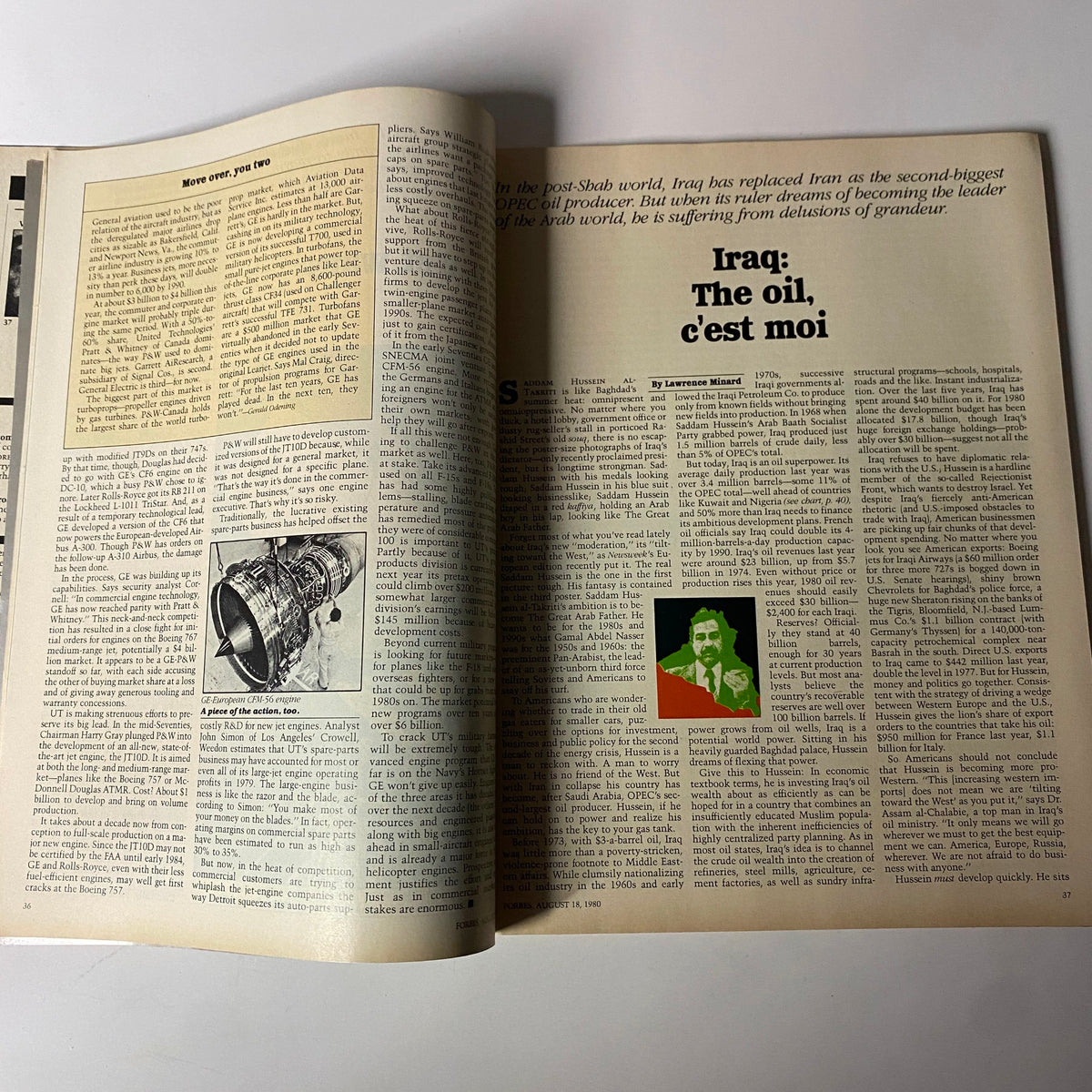 Opening page of the Forbes Magazine August 18, 1980 cover story titled 'Iraq: The oil, c'est moi', featuring an article on Saddam Hussein's ambitions in the oil market.