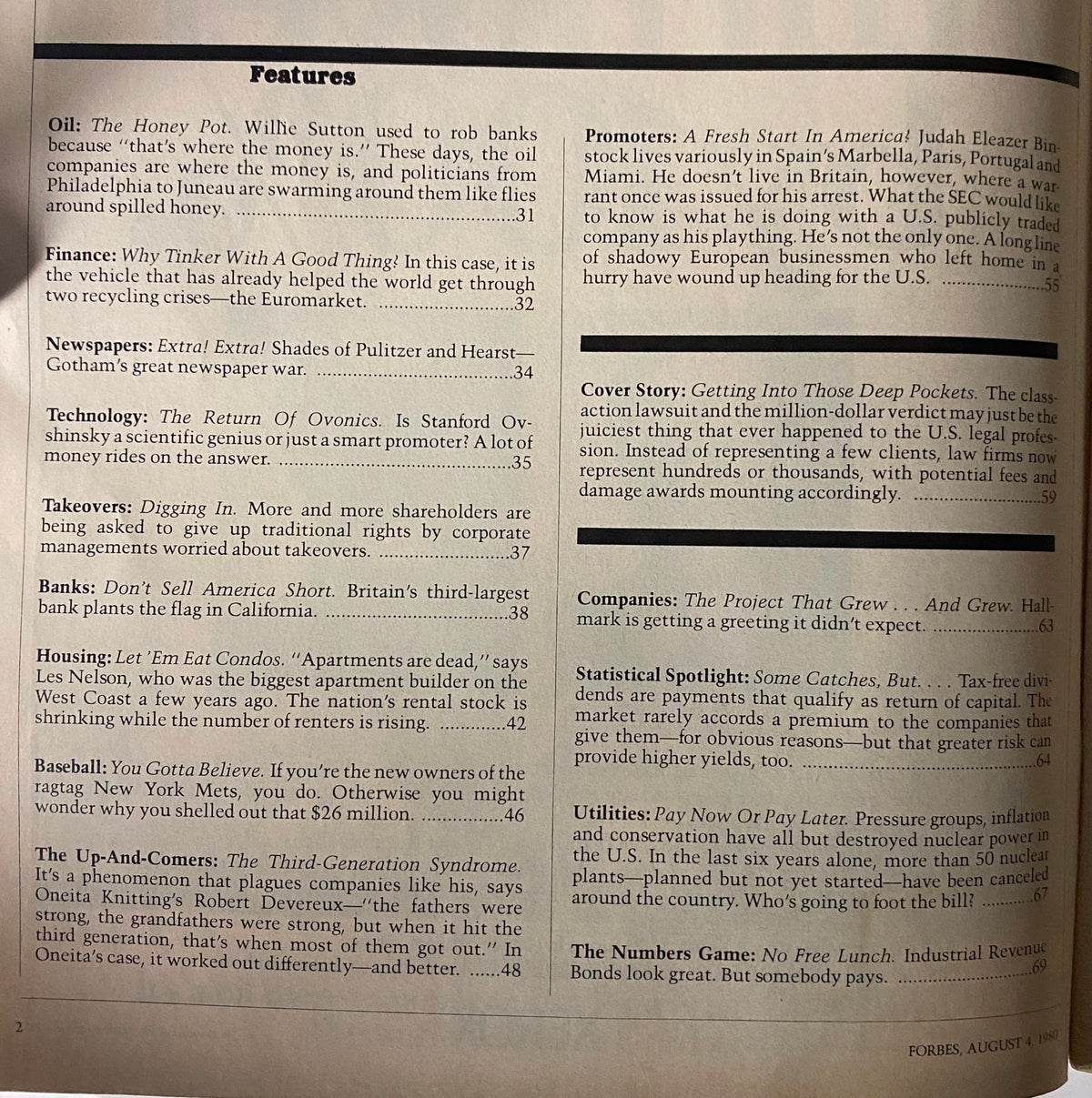 Table of contents from Forbes Magazine, August 4, 1980, highlighting features including the cover story 'Getting Into Those Deep Pockets'.