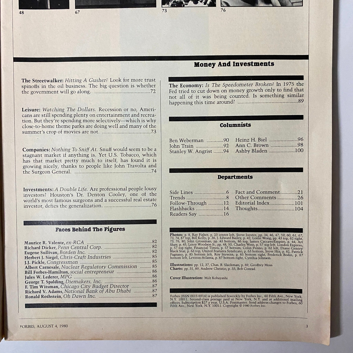Index page from Forbes Magazine, August 4, 1980, listing articles and features including legal and financial discussions related to corporate America.