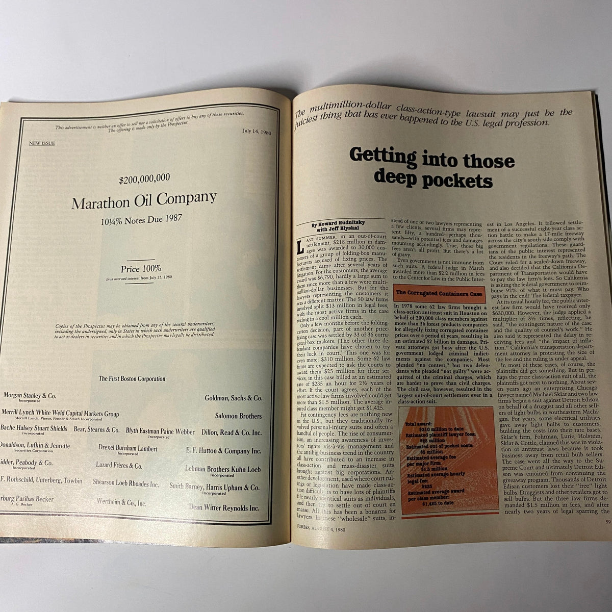 Article spread from Forbes Magazine, August 4, 1980, detailing the cover story 'Getting Into Those Deep Pockets' about class action lawsuits.