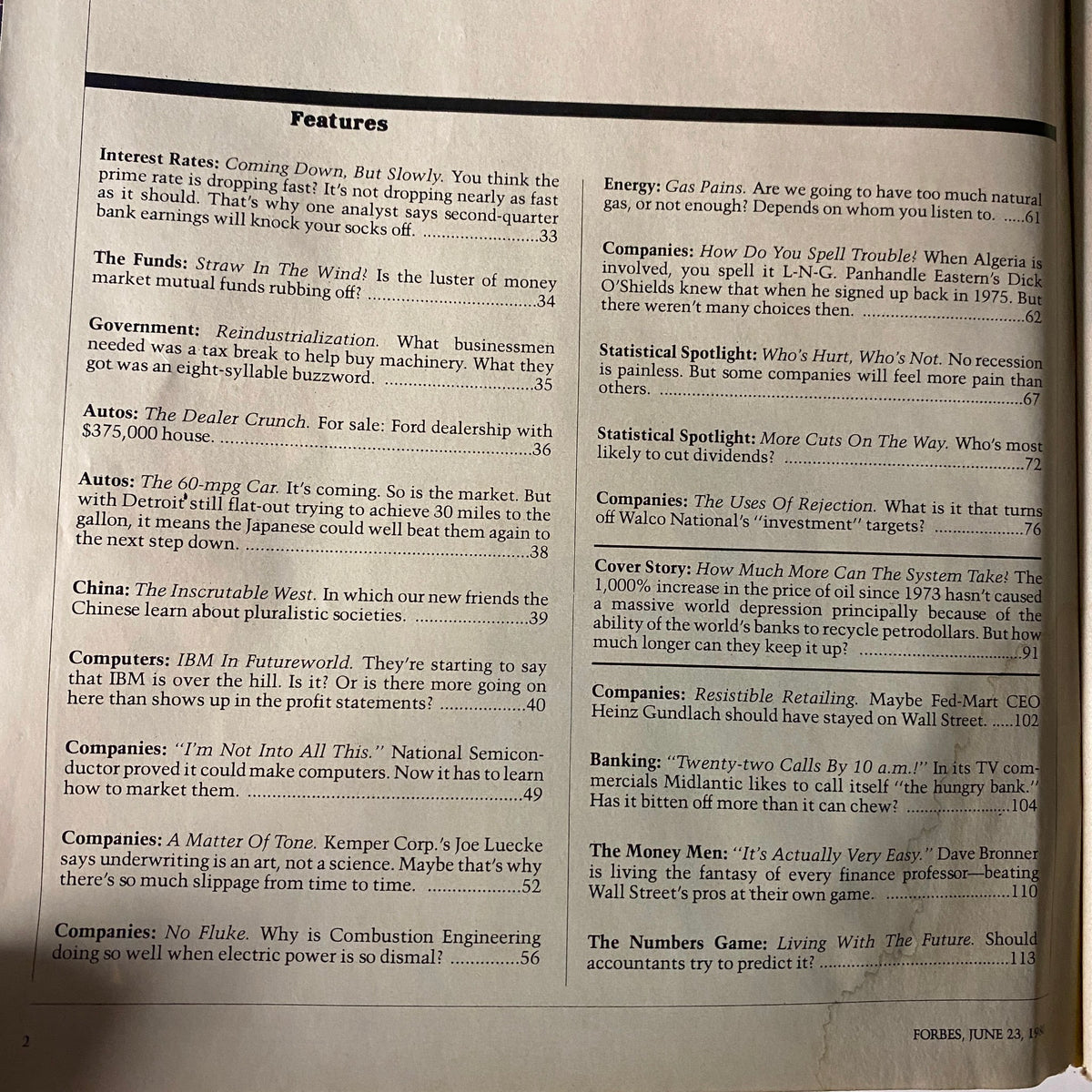 Feature page from Forbes Magazine June 23, 1980 listing interesting articles, including analysis on interest rates and government policies.